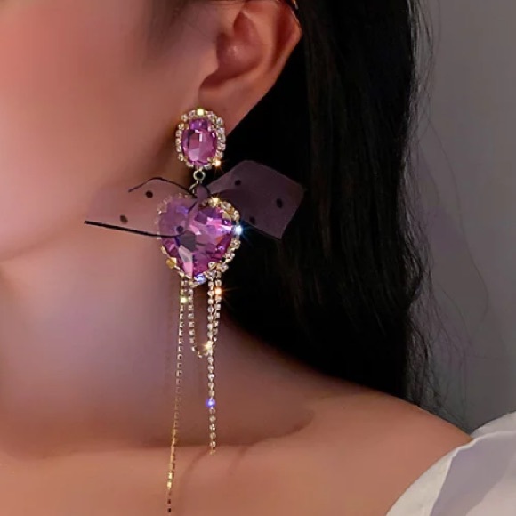 ⭐️ Big Purple Heart Crystals Earrings - Picture 3 of 5